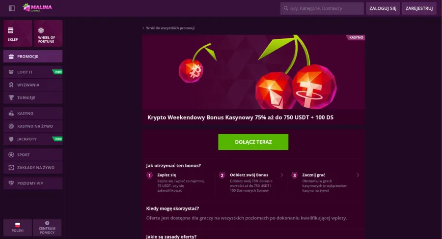 100 darmowych spinów w Malina Casino