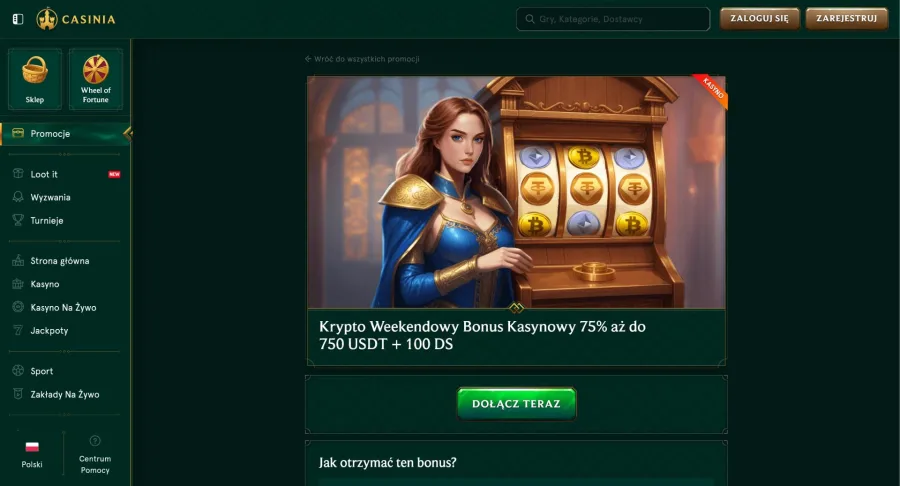 krypto bonus w Casinia Casino 100 darmowych spinów